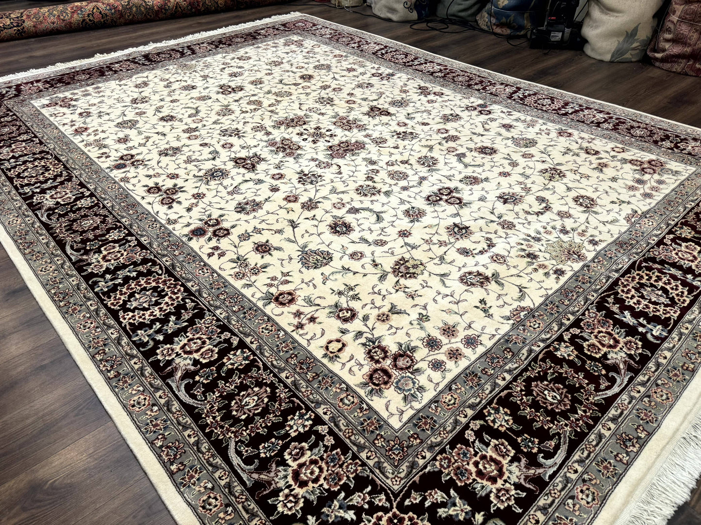 Sino Persian Rug 9x12, Floral Allover Design, 170 KPSI, Ivory and Dark Maroon - Nuvé
