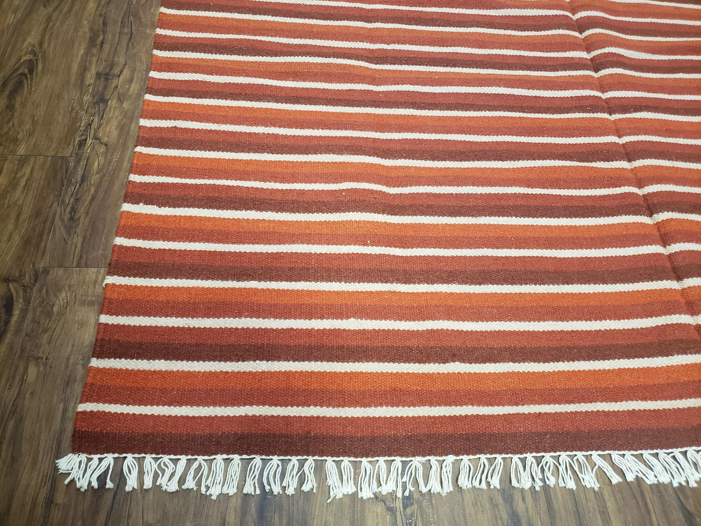 Large Striped Woolen Handmade Throw Blanket, Twin Size Bedding Hand-Woven, Indian Kilim Area Rug, 6x8 - 7x8, South American Style Textile - Nuvé