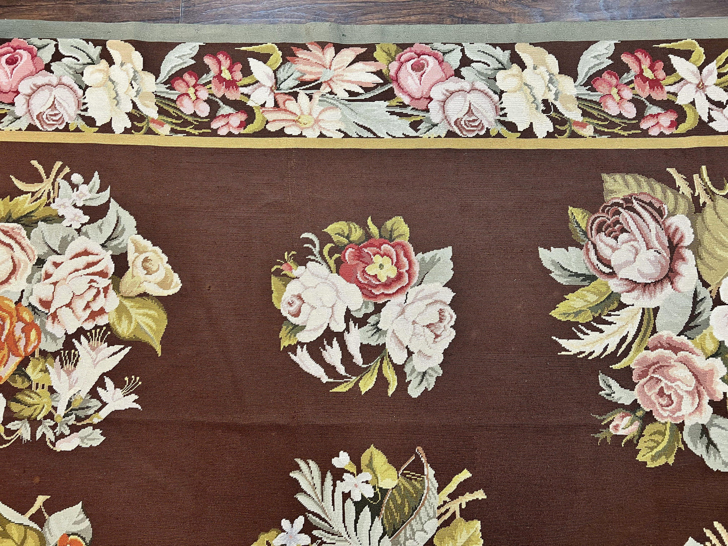 Vintage Needlepoint Rug 9x12, Large Handmade Hand-woven Needlepoint Carpet, Brown Area Rug, Floral Bouquets, Wool Rug, European Design - Nuvé
