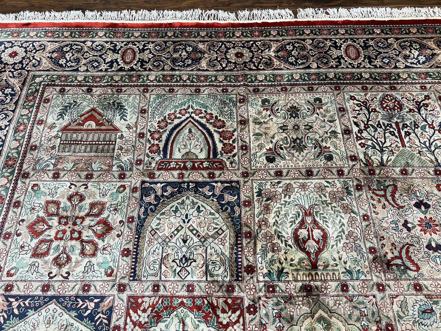 Silk Sino Persian Rug 9x12, Panel Design, Garden of Eden Pattern, Fine 200 KPSI, Hand Knotted Room Sized Silk Carpet, Vintage - Nuvé