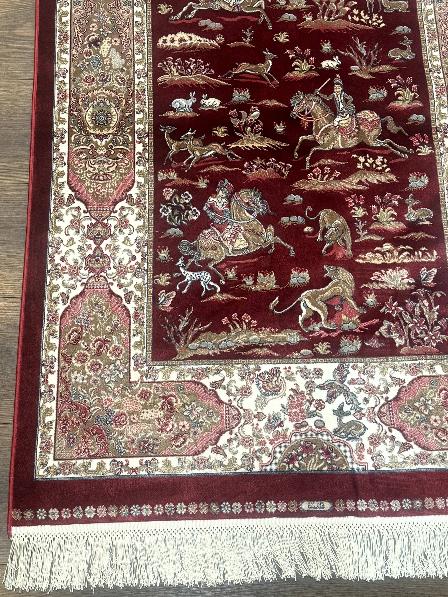 Turkish Silk Rug 3x5, Hunting Design, Dark Red & Ivory, Bamboo Silk, New - Nuvé
