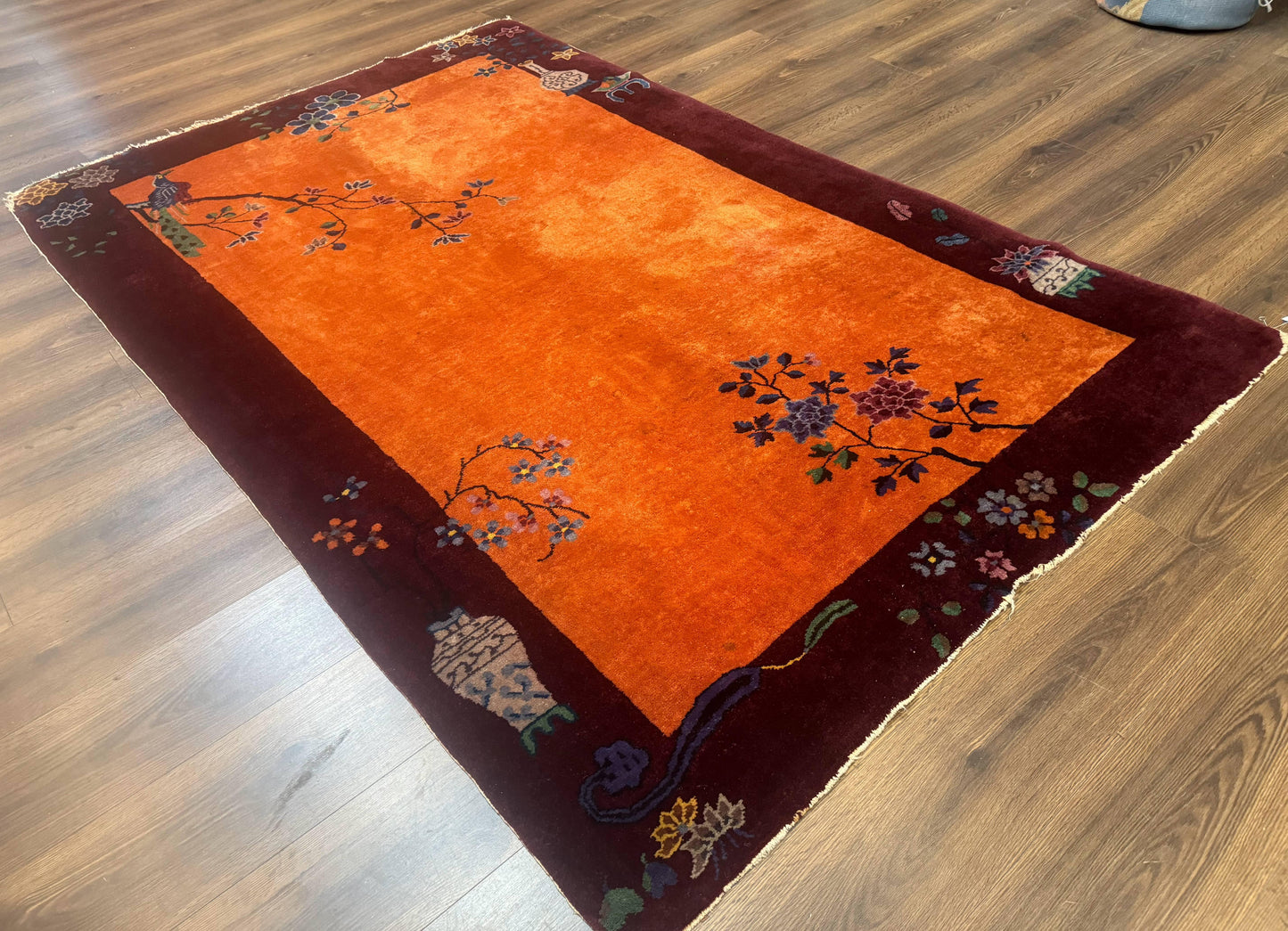 Chinese Art Deco Rug 5x8, Antique Chinese Wool Rug, Nichols Rug, Rare Chinese Carpet, Orange and Purple-Maroon - Nuvé