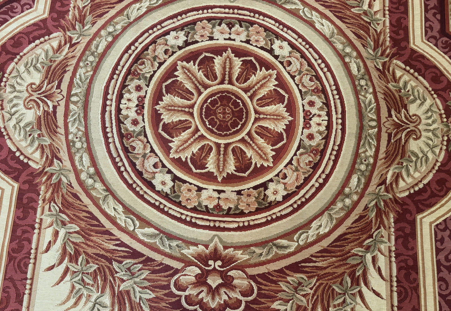 Large Aubusson Rug 10x13, Thick Flatweave Carpet, Elegant European Design, Cream and Raspberry - Nuvé