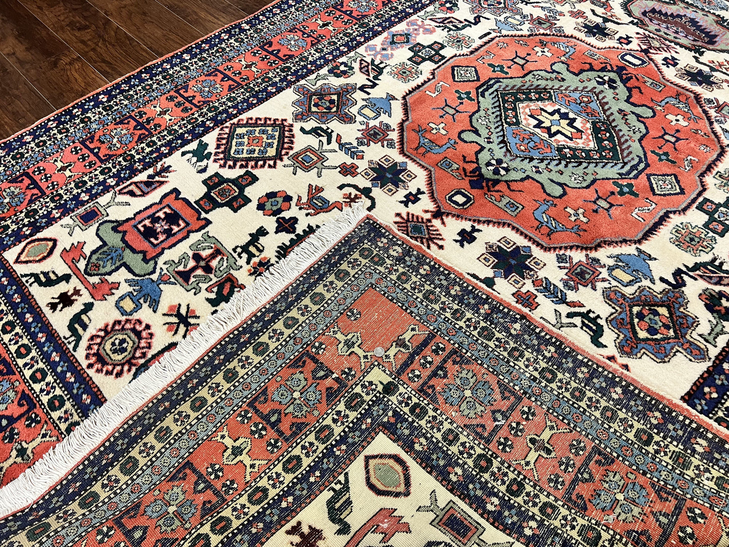 Persian Tribal Rug 8x11, Persian Ardabil Rug, Geometric Medallion Animal Pictorial Rug, Ivory Red Blue, Hand Knotted Vintage Wool Carpet - Nuvé