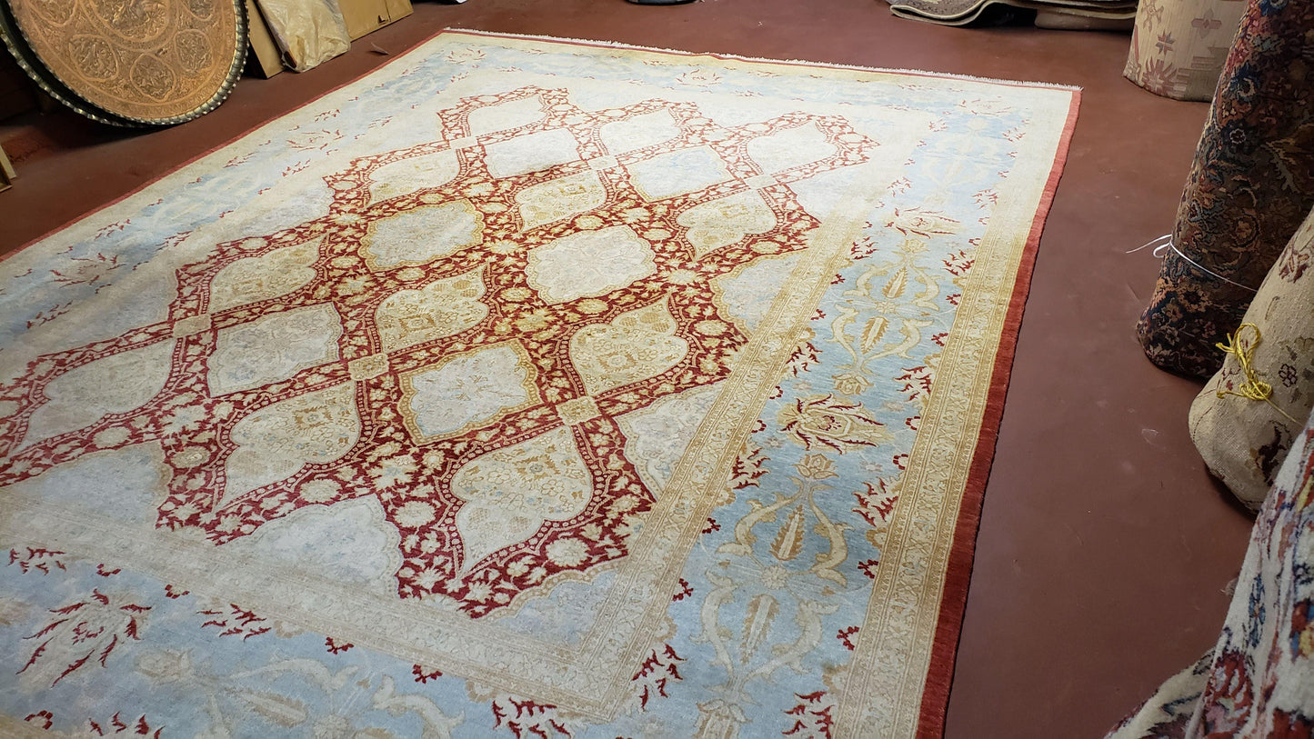 9x12 Peshawar Rug Pakistani Oriental Carpet Sky Blue and Red Wool Vintage Master Bedroom Rug Hand-Knotted Living Room Rug Dining Room Rug - Nuvé