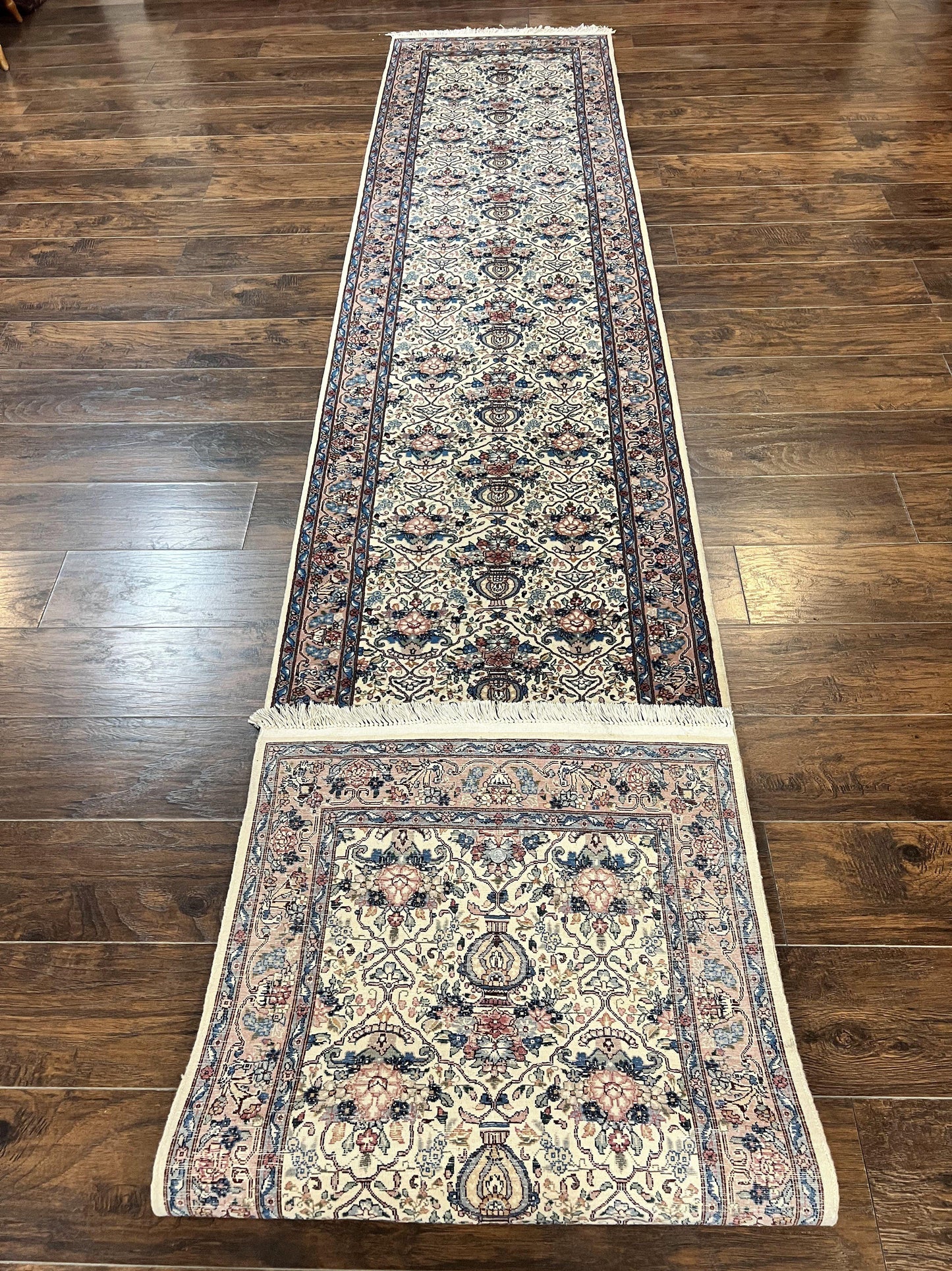 Sino Persian Runner Rug 2.8 x 14, Hand Knotted Vintage Oriental Hallway Rug, 14ft Runner, Cream, Floral, Wool - Nuvé