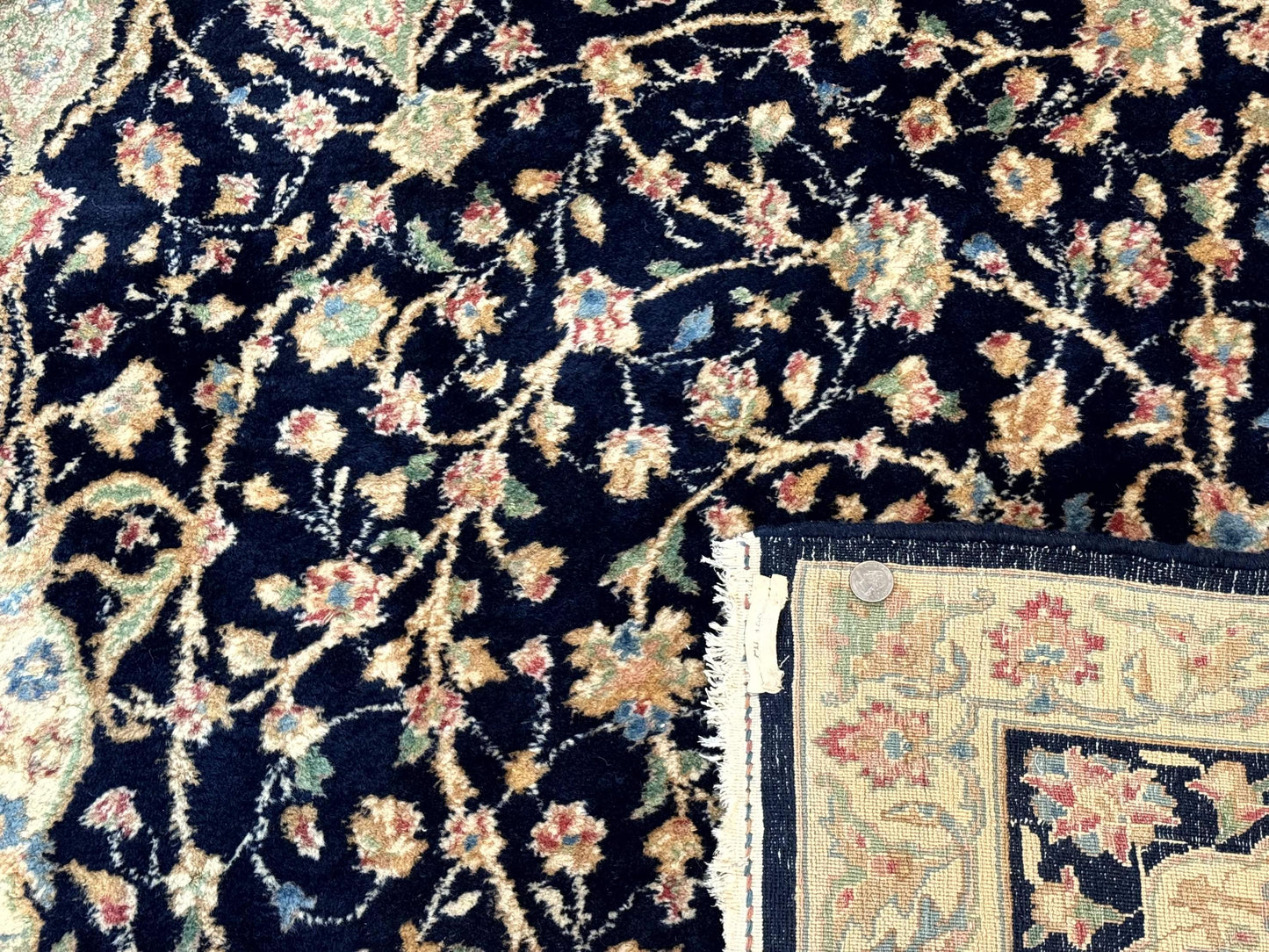 Large Persian Kerman Rug 10x14, Navy Blue and Beige, Floral Medallion, Traditional Elegant Persian Carpet, Signed by Masterweaver - Nuvé