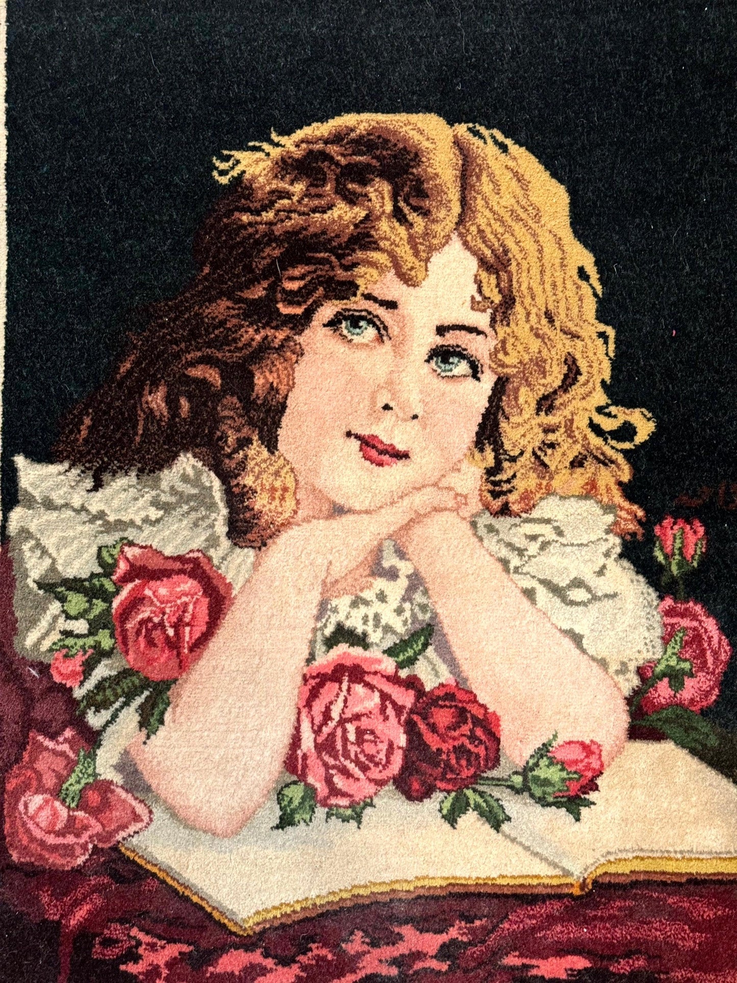 Small Persian Tabriz Pictorial Rug of Young Girl, Very Fine 380 KPSI, Portrait of Young Lady with Roses, Handmade, Persian Rug for Wall Hanging - Nuvé