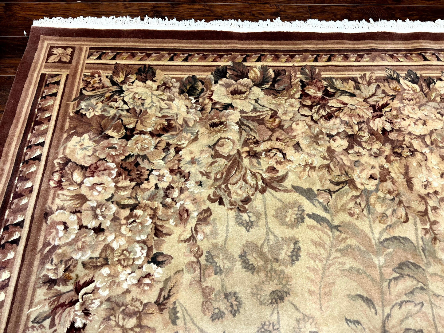Aubusson Wool Rug 9x11, Wool with Silk Highlights, European Design, Vintage, Handmade, Floral, Fine 210 KPSI - Nuvé