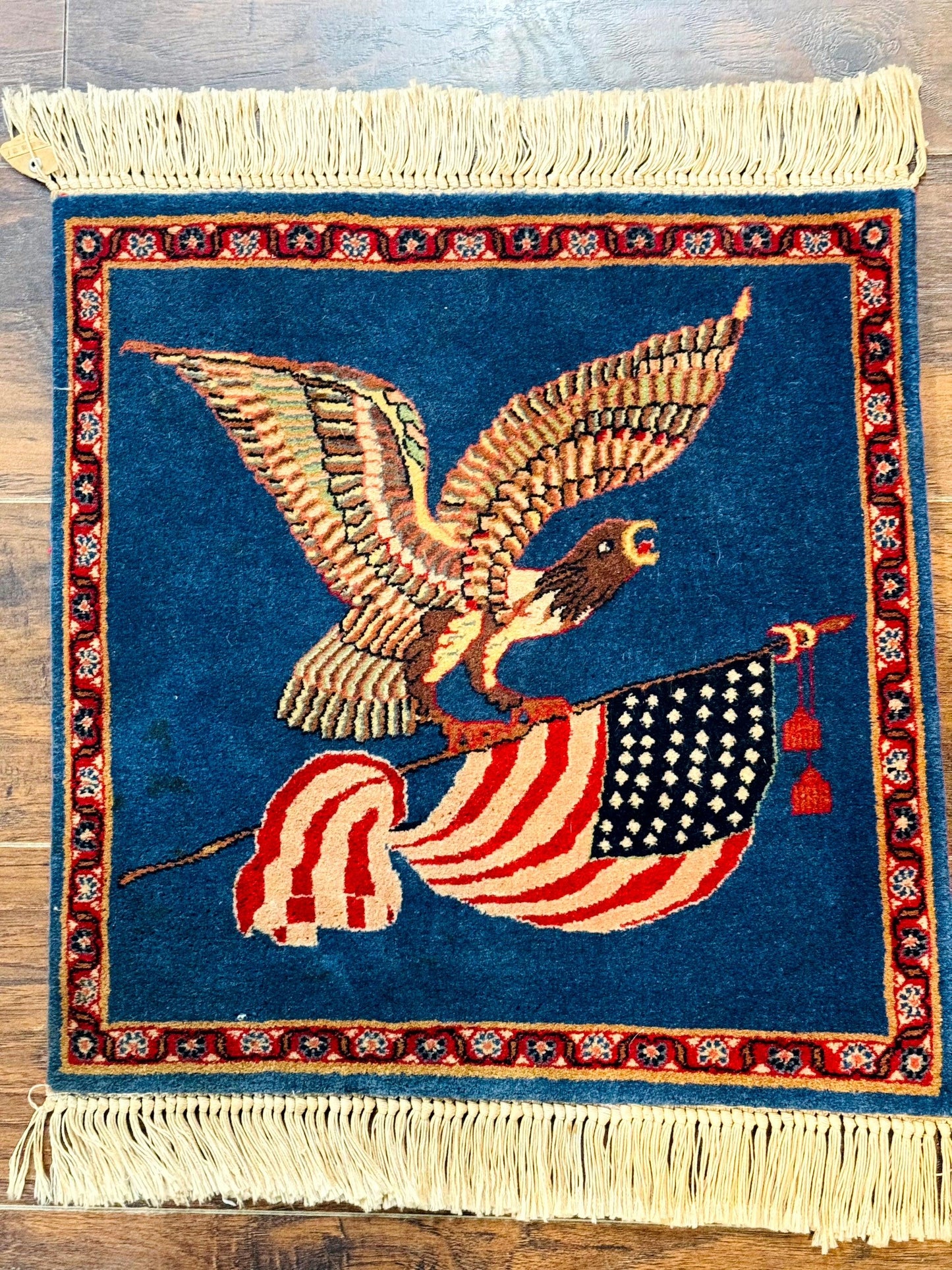Pictorial Rug of American Flag with Bald Eagle, Small Indo Persian Pictorial Rug, Blue, Handmade, Very Fine 330 KPSI - Nuvé