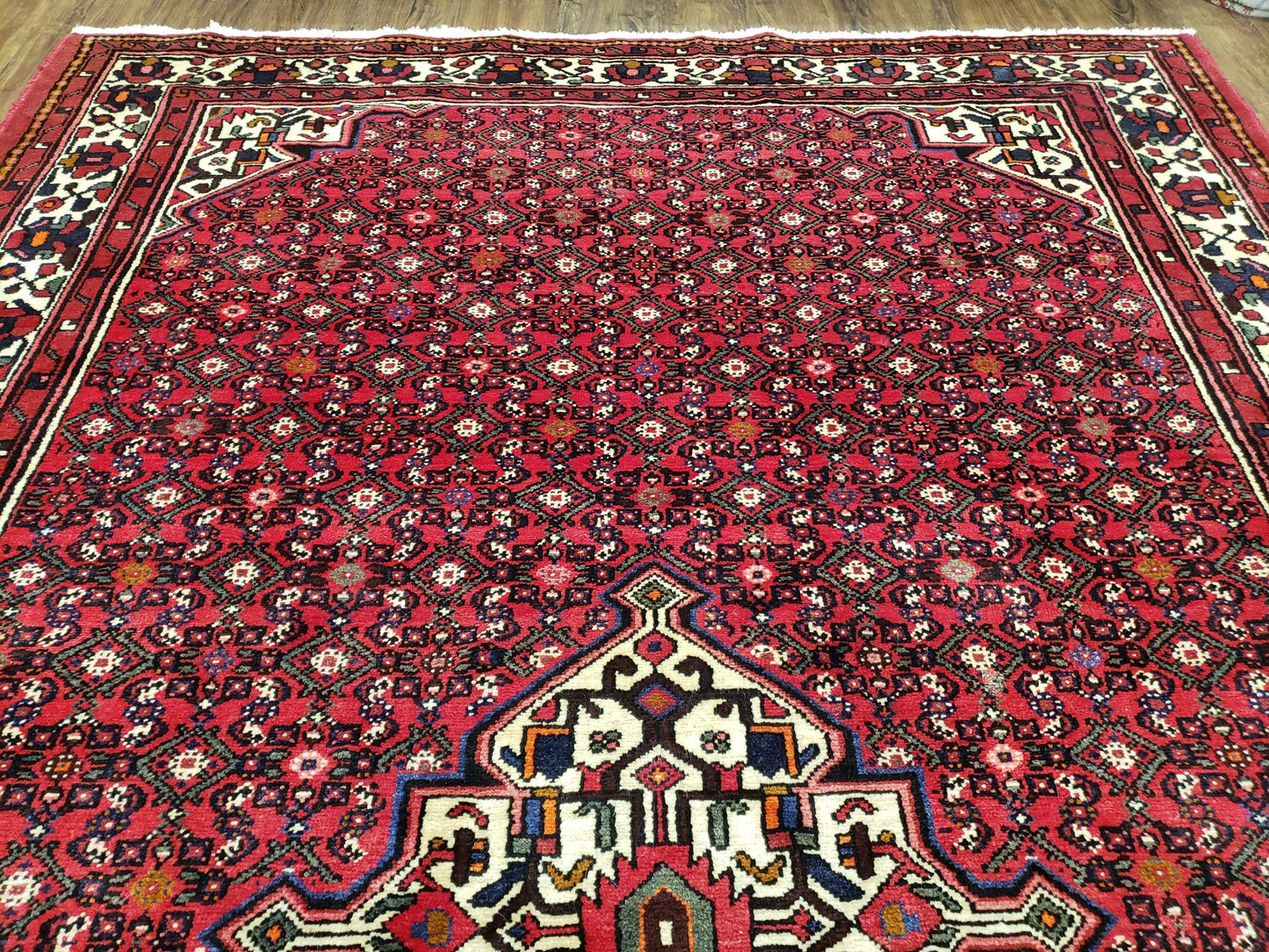 Vintage Persian Hamedan Rug 7x10, Angelas Mahi Pattern, Red, Wool, Hand-Knotted - Nuvé