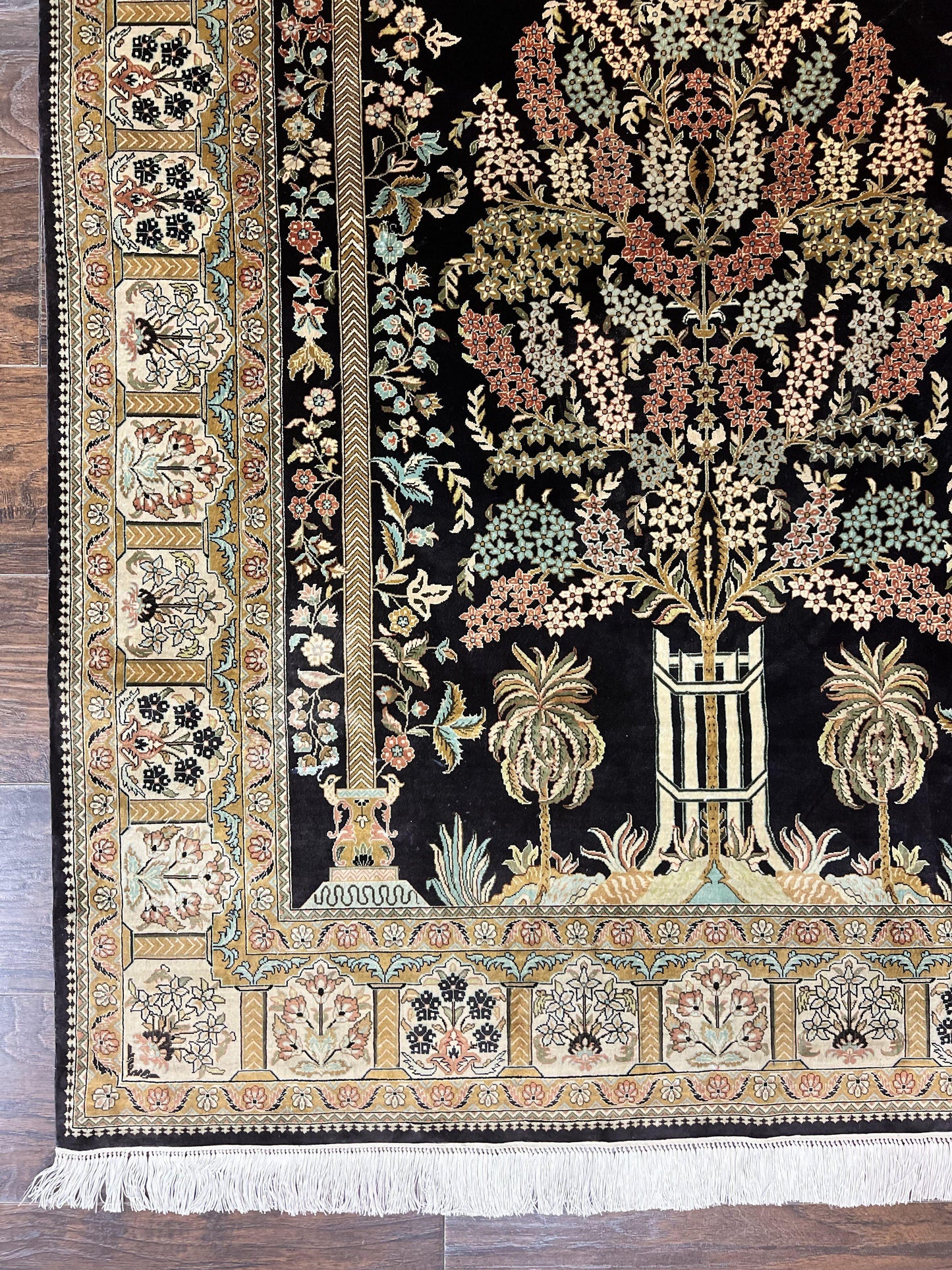 Wonderful Sino Persian Silk Rug 4x6, Tree of LIfe Design, Masterpiece 575 KPSI, Birds, Prayer Rug, Black, Silk on Silk - Nuvé