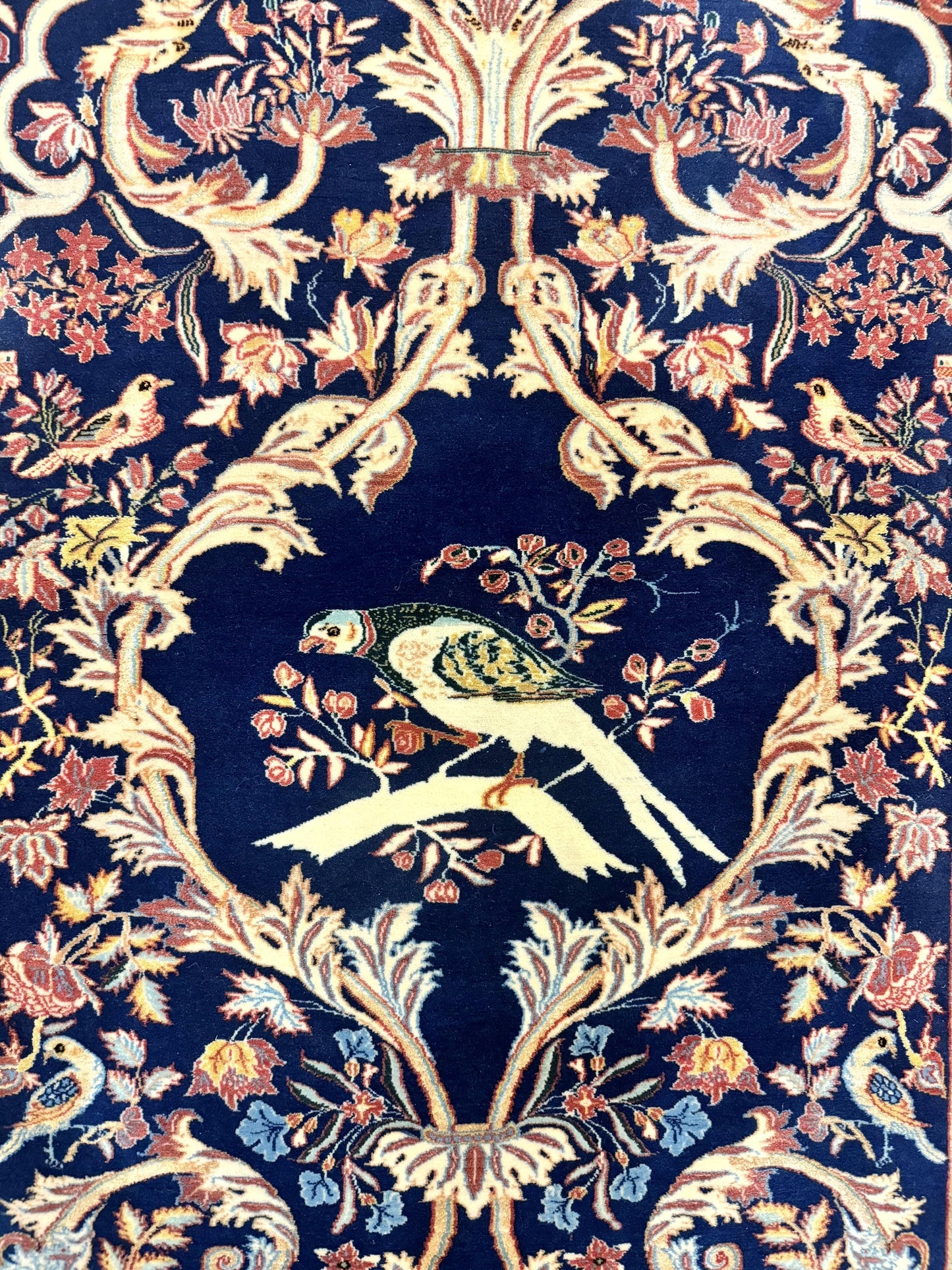 Persian Isfahan Rug 2x4, Birds, Navy Blue, Kork Wool on Silk Foundation, 460 KPSI - Nuvé