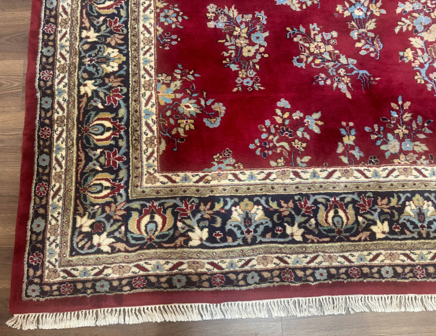 Indo Persian Sarouk Rug 10x14, Large Red and Navy Blue Carpet, Traditional Floral Wool Rug - Nuvé