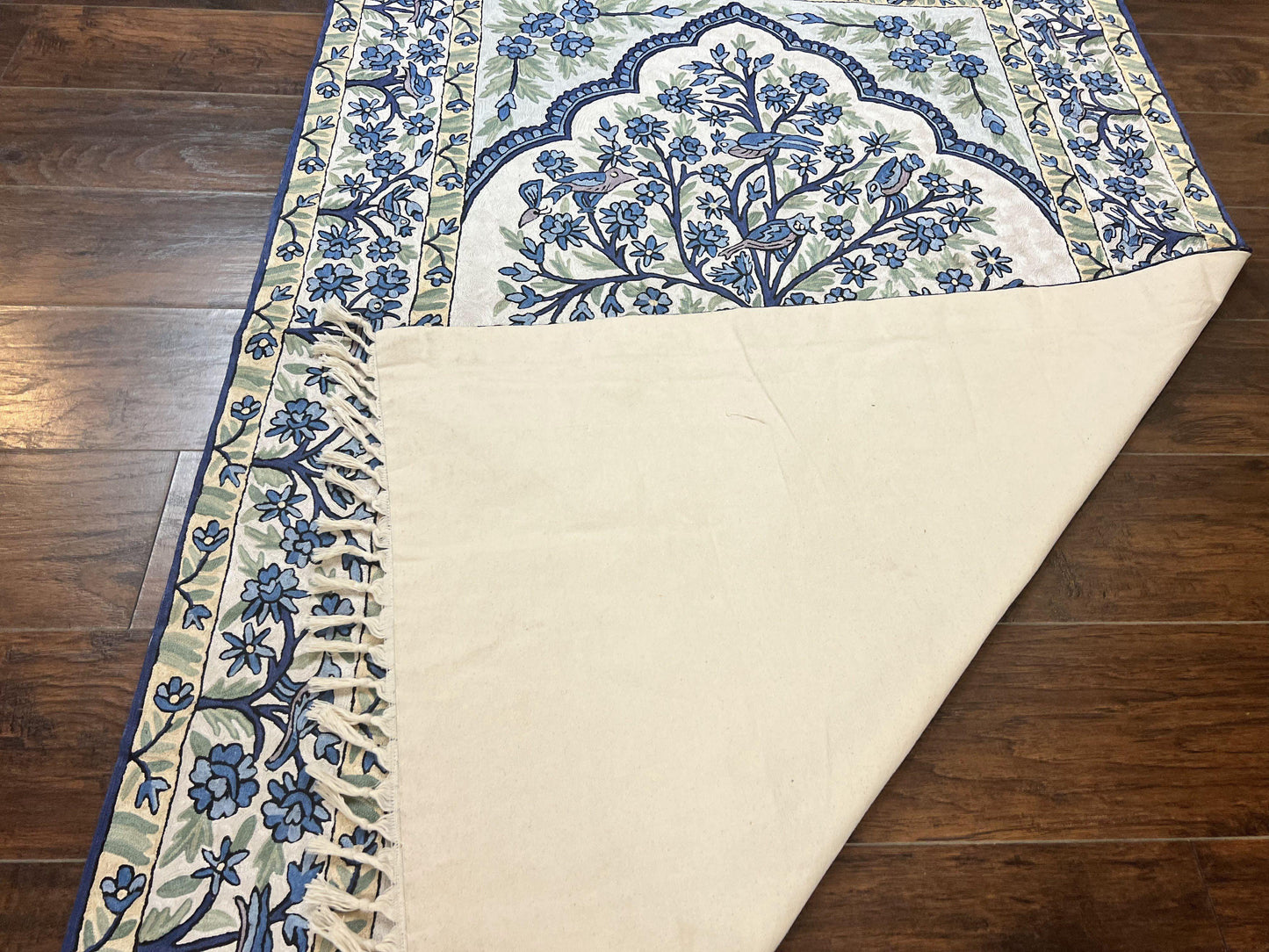 Tree of Life Indian Hand Stitched Rug 4x6, Indian Wall Hanging Rug, Ivory Blue, Silk on Cotton, Vintage - Nuvé