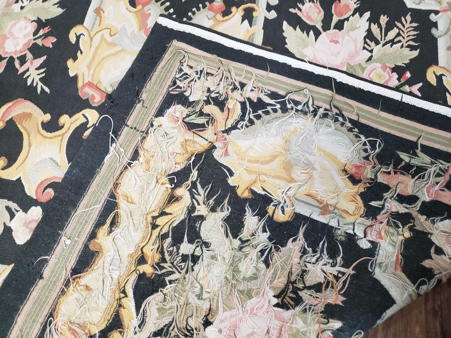 Vintage Black Aubusson Area Rug 8x10, Large Flowers Chinese Aubusson Carpet 7.9 x 10, Wool Hand-Knotted Floral Pattern Flat Weave Rug Nice - Nuvé