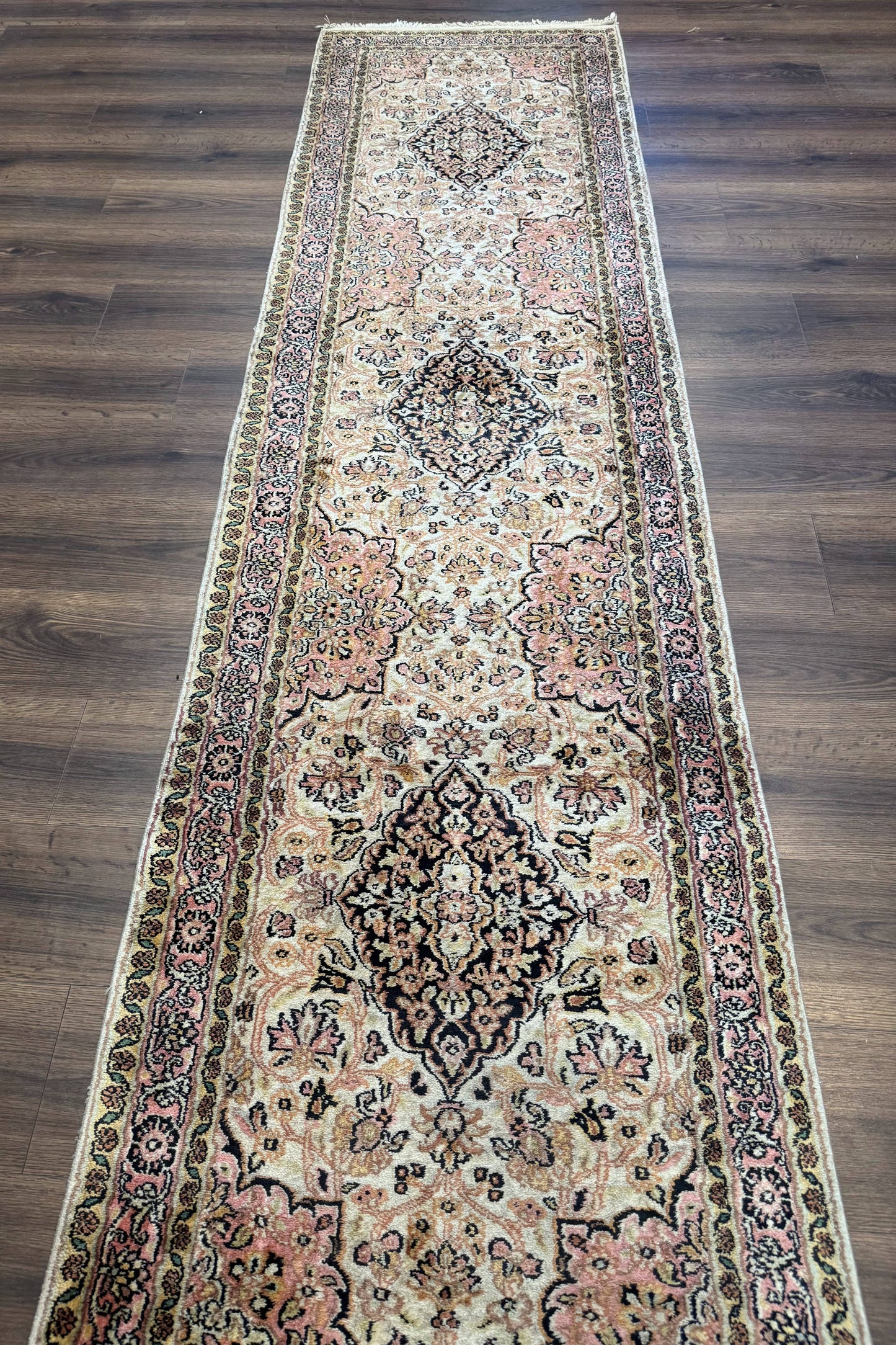 Silk Indian Kashmiri Runner Rug 2.7 x 9.8, Floral Medallions - Nuvé