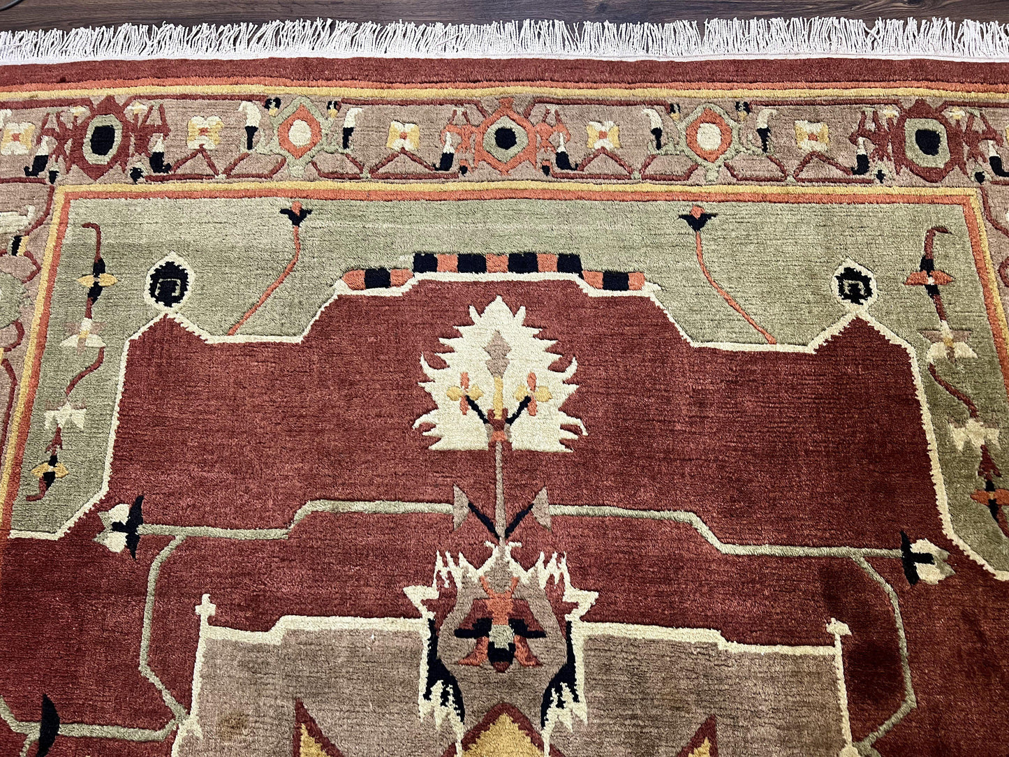 Tibetan Rug 7x10, Geometric Medallion, Red Green Taupe, Hand Knotted, Soft Wool Area Rug, Contemporary Carpet, Handmade Nepali Rug 7 x 10 ft - Nuvé