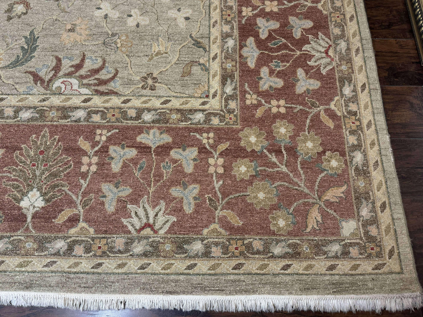 Large Turkish Soumak Rug 10x14, Flatweave Dhurrie, Handmade, Light Green and Salmon - Nuvé
