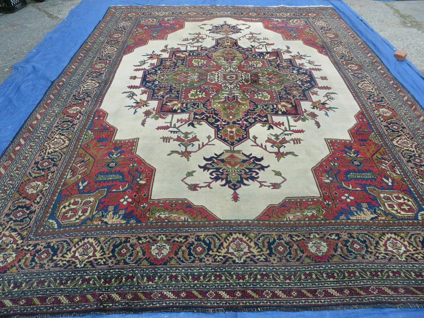 Persian Tabriz Rug 10x13 Oriental Carpet, Ivory Open Field, Geometric Medallion, Red Blue, Hand Knotted, Large Wool Area Rug Vintage Antique 1950s - Nuvé