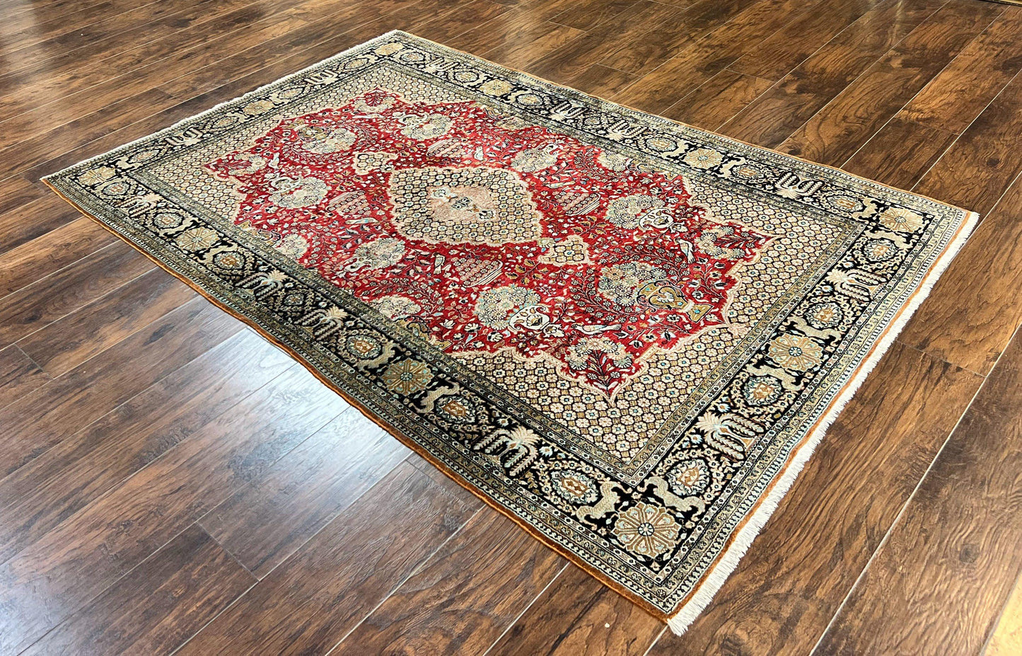 Wonderful Persian Silk Rug 5x7, Birds Floral Vases, Red, Hand Knotted Silk Fine Oriental Carpet, Handmade Vintage, Persian Qum Rug, 400 KPSI - Nuvé