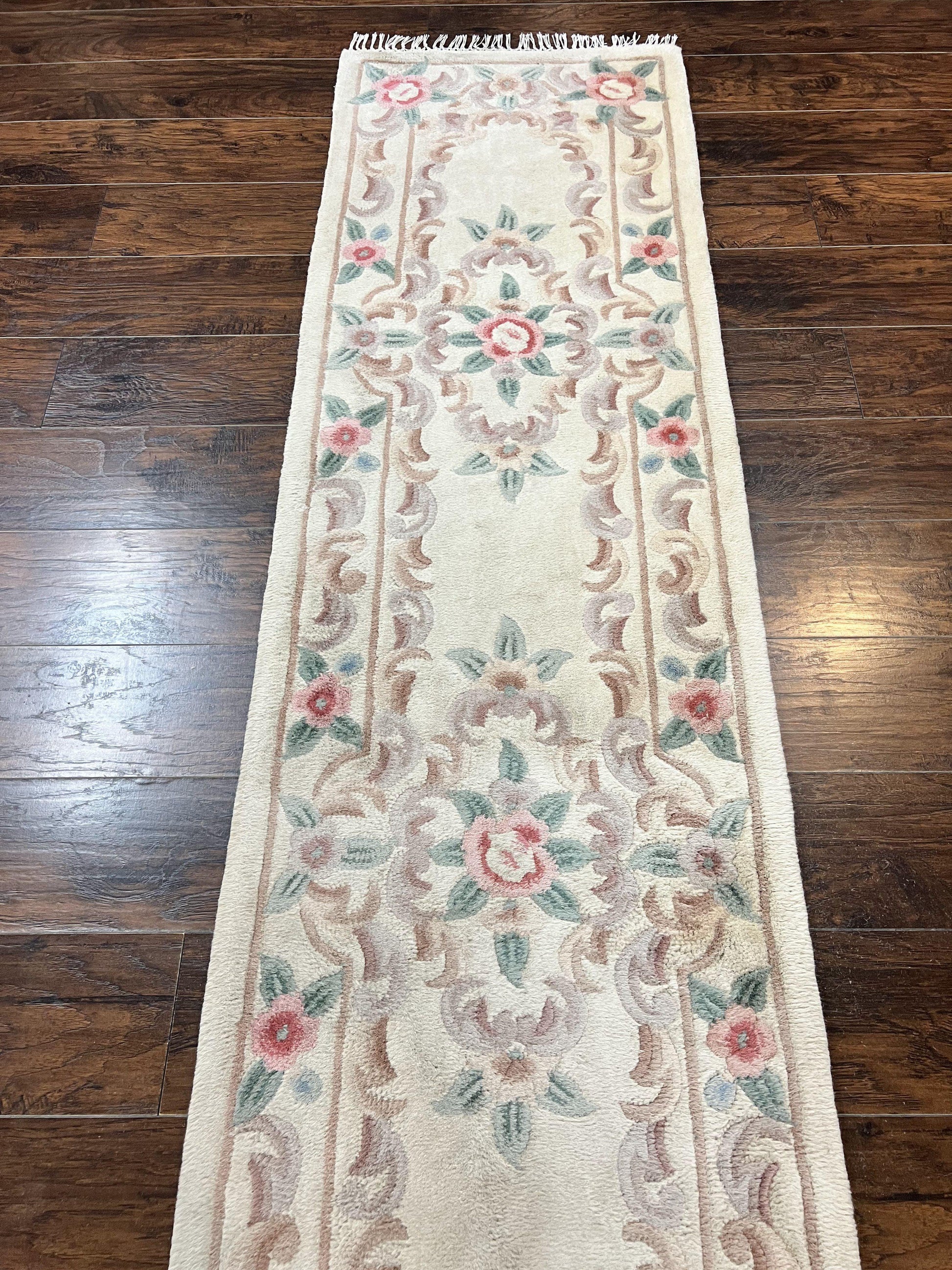 Chinese Aubusson Runner Rug 2.4 x 11, Hand Tufted Beige Floral European Design Hallway Rug, Elegant Rug, Vintage Wool Rug 11ft Long - Nuvé