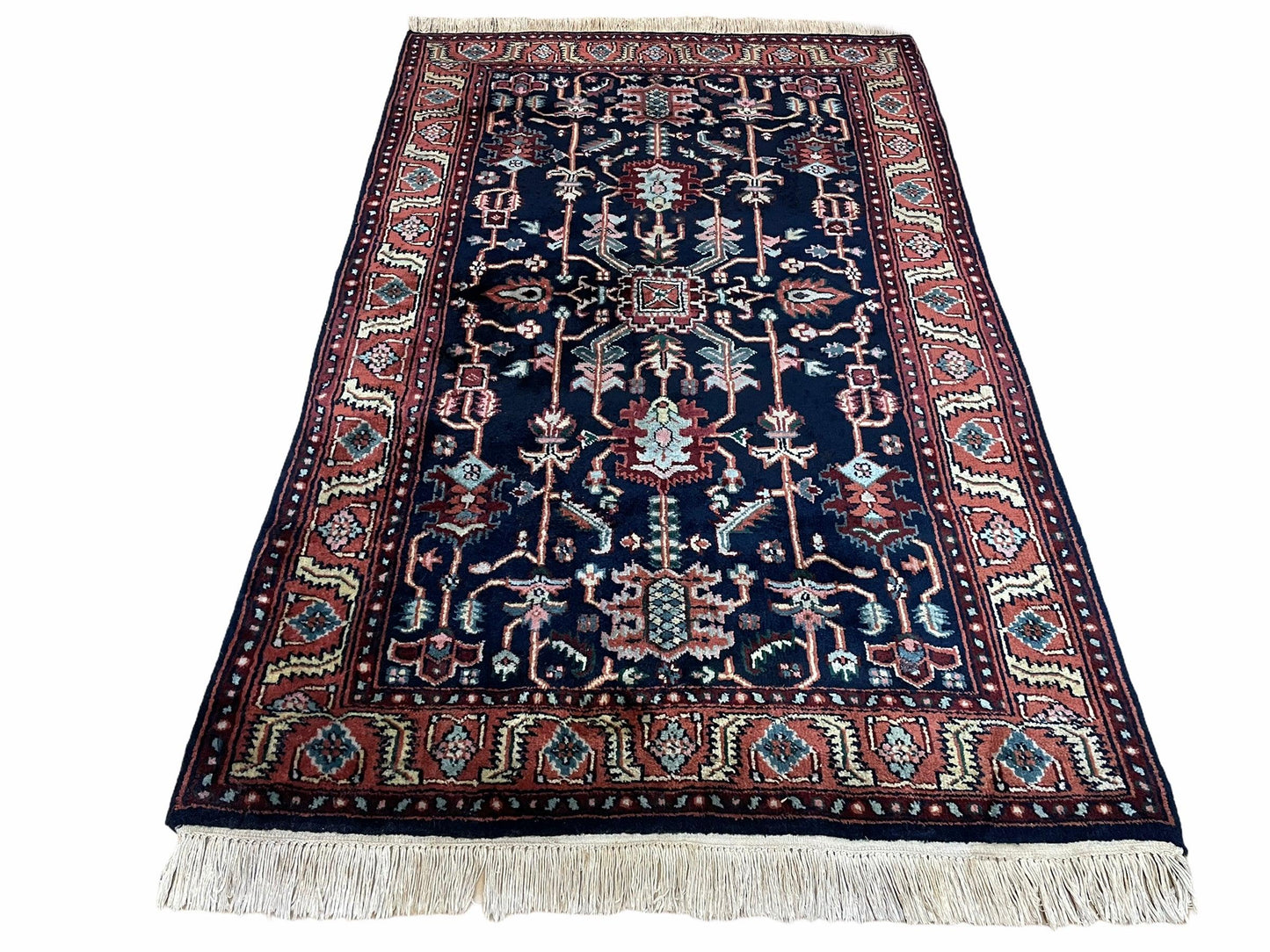 4x6 Vintage Handmade Wool Geometric Rug Organic Dyes Blue Red Hand-Knotted Rug - Nuvé