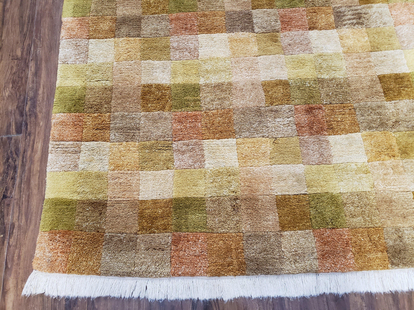4x6 Tibetan Rug, Modern Abstract Handmade Area Rug, Checkerboard Pattern, Neutral Ivory Gold Tan Colors, Soft Pile, Mid Sized Rug, Nepali - Nuvé