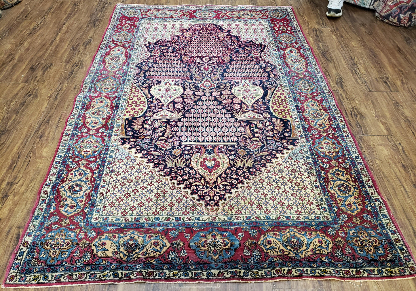 Antique Persian Tehran Rug 5x8, Midnight Blue and Red, Hand-Knotted, Wool - Nuvé