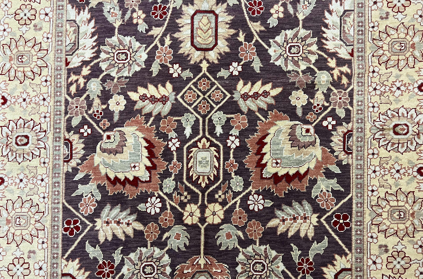 Vintage Indo Mahal Area Rug 6x9, Indian Persian Oriental Carpet 6 x 9, Puce Eggplant Tan Beige Rug, Hand-Knotted, Large Floral Design Wool - Nuvé