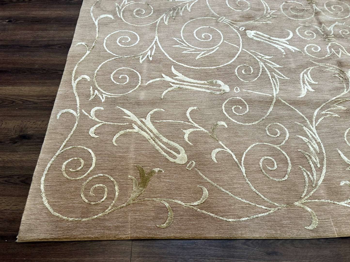 Tibetan Rug 9x12 Wool and Silk Beige Modern Handmade Carpet - Nuvé