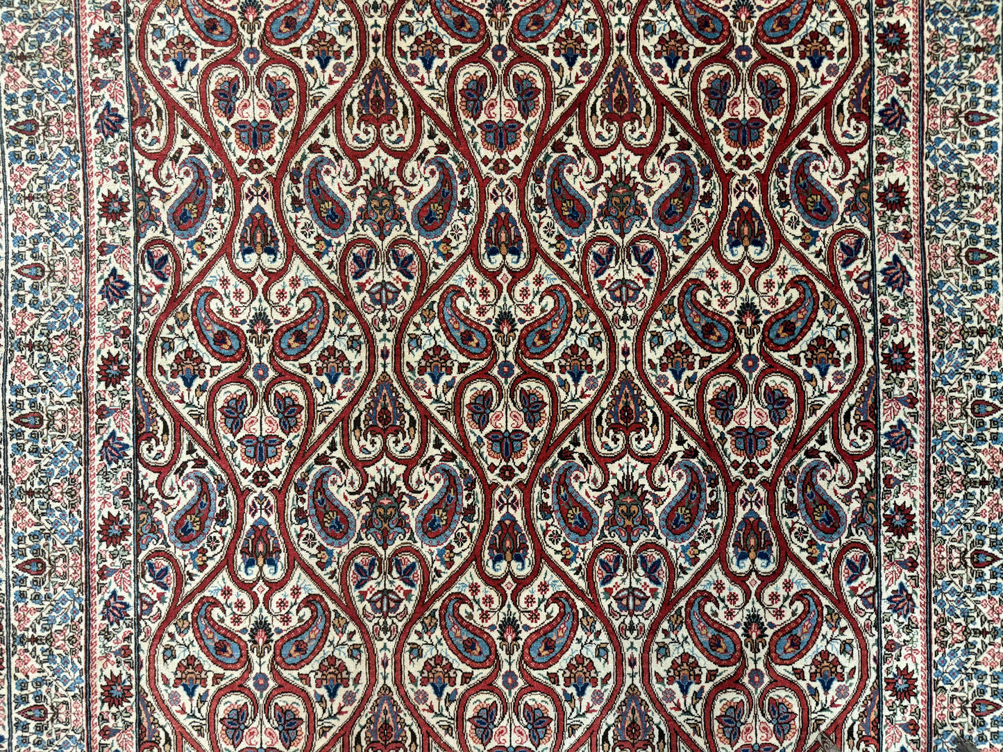 Unique Persian Qum Rug 5x7, Repeated Paisely Boteh Design, Ivory Red Blue, Handmade Antique Wool Persian Carpet, Finely Hand Knotted - Nuvé