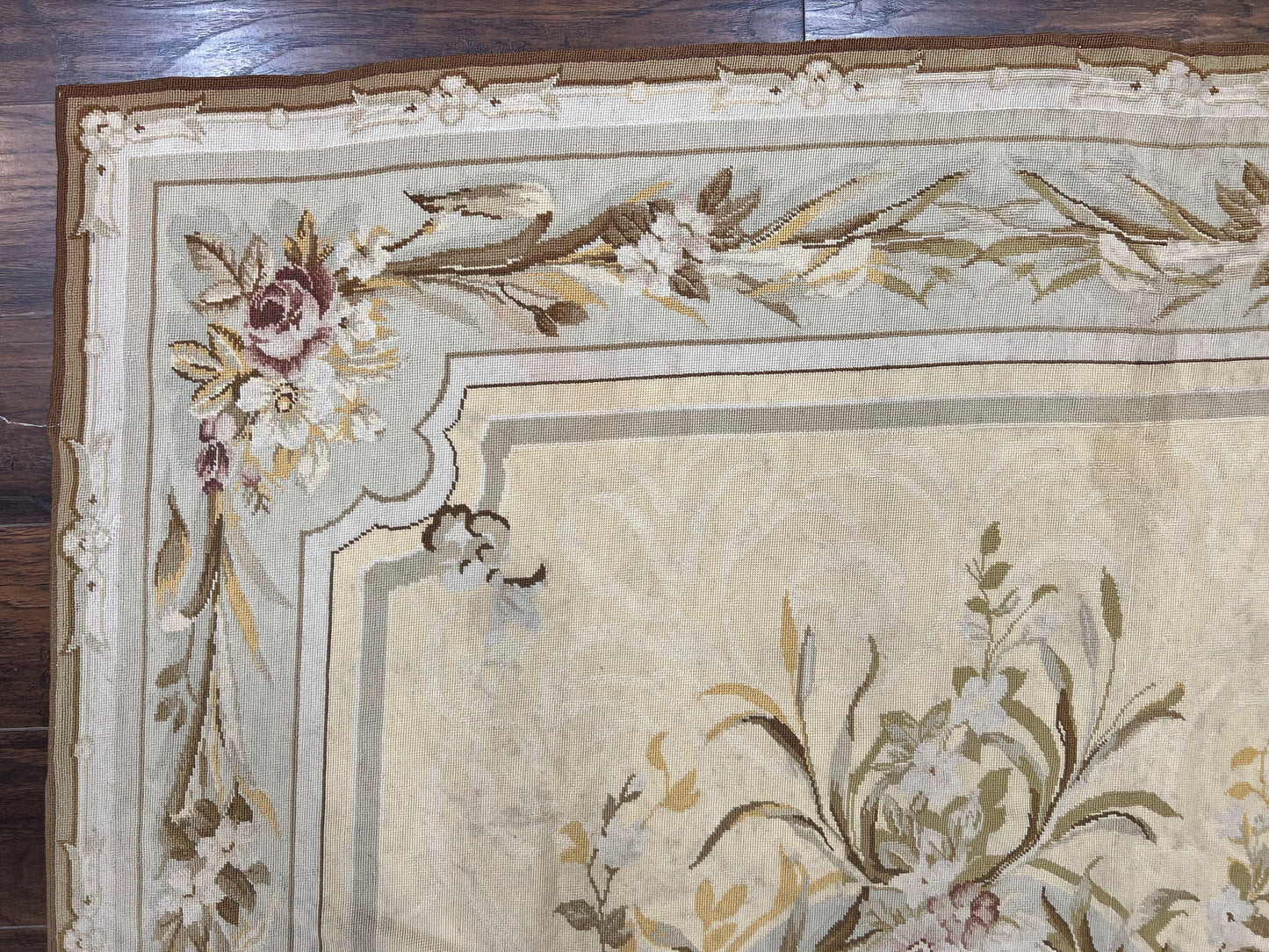 Needlepoint Rug 6x9, Elegant European Design Aubusson Carpet, Vintage Wool Handmade Rug, Light Yellow Ivory - Nuvé