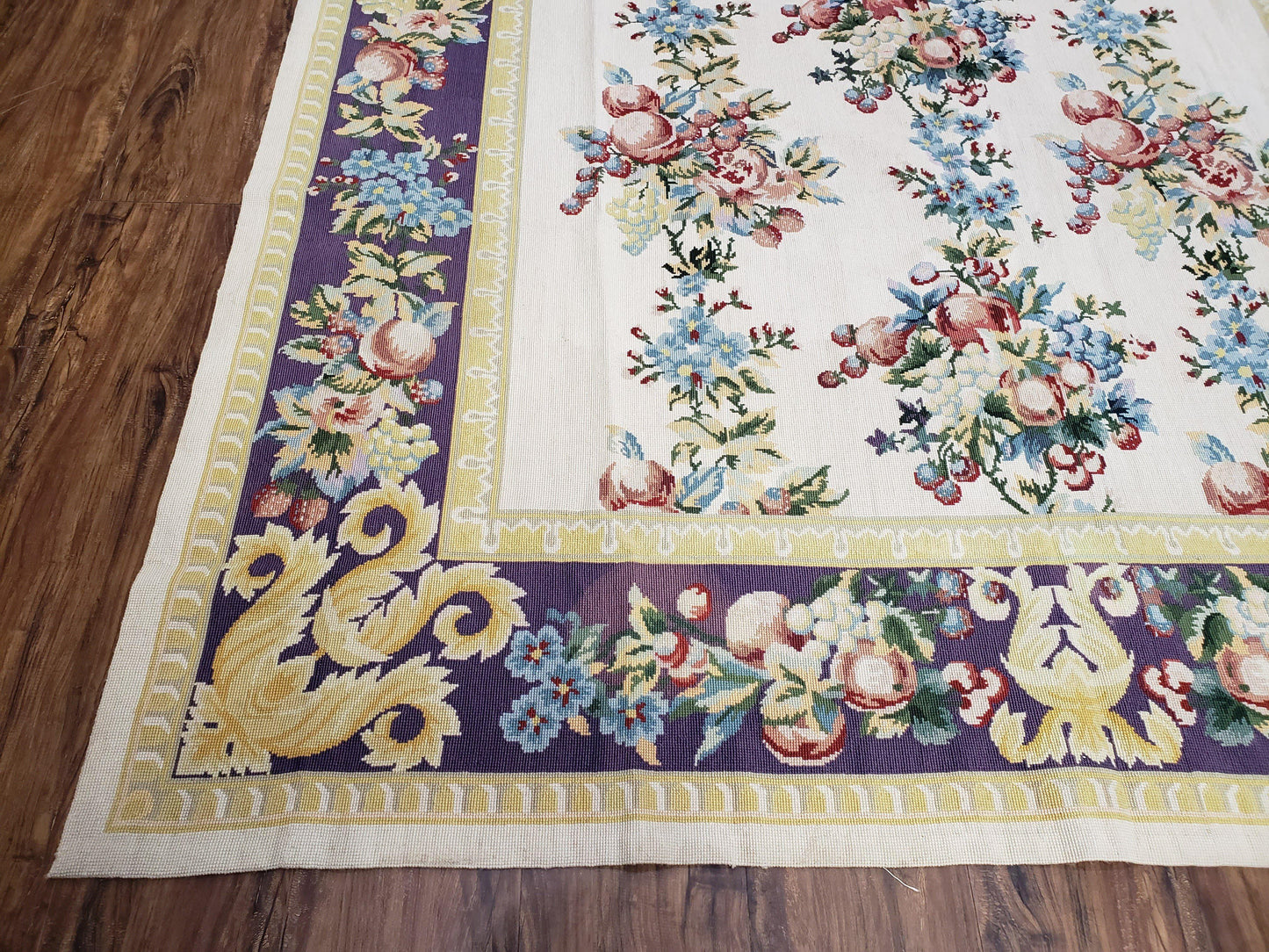 Vintage Chinese Floral Needlepoint Area Rug 6x9, Wool Hand-Woven Handmade Flatweave Rug, Ivory & Purple, Fruits Grapes Apples, Dining Room - Nuvé