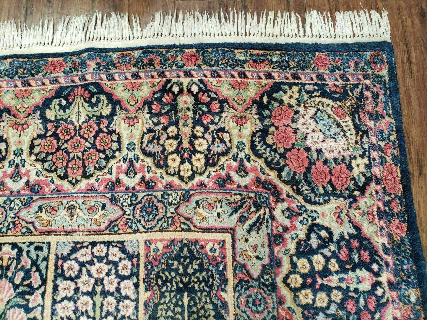 Persian Rug 10x15, Authentic Oriental Carpet 10 x 15, Wool Area Rug Panel Design Hand-Knotted Vintage Kirman Yazd Rug, Dark Blue and Beige, Floral - Nuvé