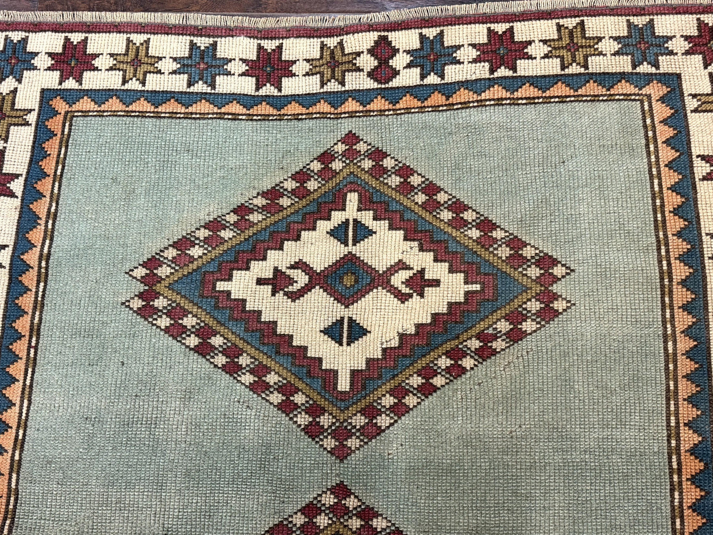 Turkish Kazak Rug 4x6, Geometric Medallion, Caucasian Design Rug, Semi Antique Vintage, Mint Green Maroon Ivory - Nuvé