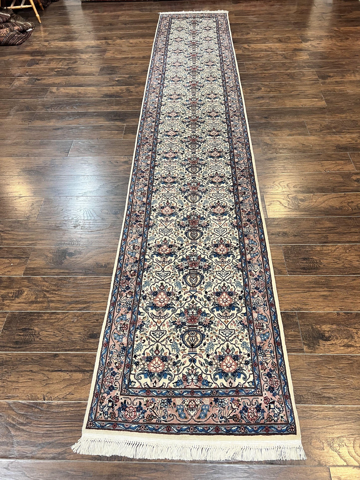 Sino Persian Runner Rug 2.8 x 14, Hand Knotted Vintage Oriental Hallway Rug, 14ft Runner, Cream, Floral, Wool - Nuvé