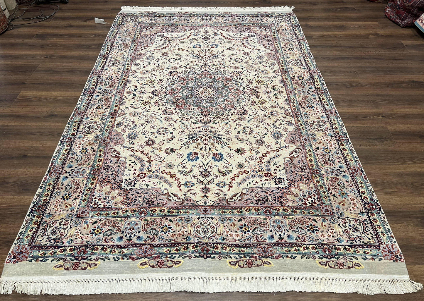 Beautiful Pak Persian Rug 6x9, Floral Medallion, Wool and Silk, Highly Detailed Elegant Carpet, Vintage Oriental Rug 6 x 9, Cream and Gray - Nuvé