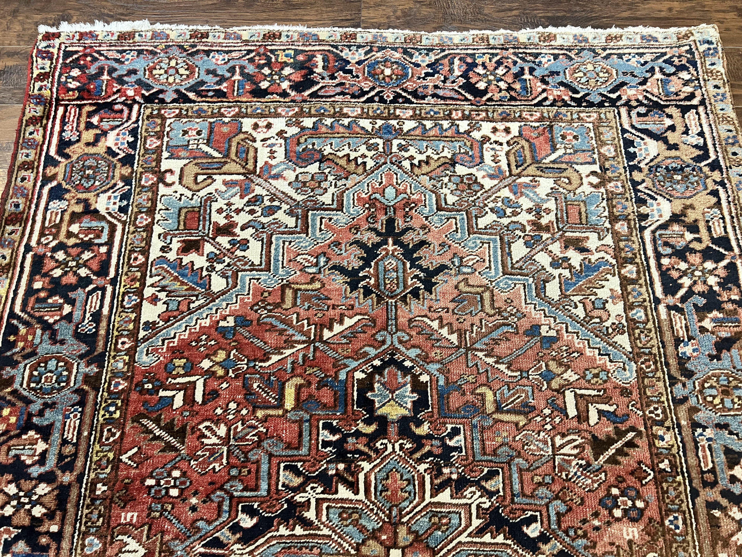 Antique Persian Heriz Rug 6x8, Geometric Medallion, 1920s Oriental Carpet, Handmade Wool Rug - Nuvé