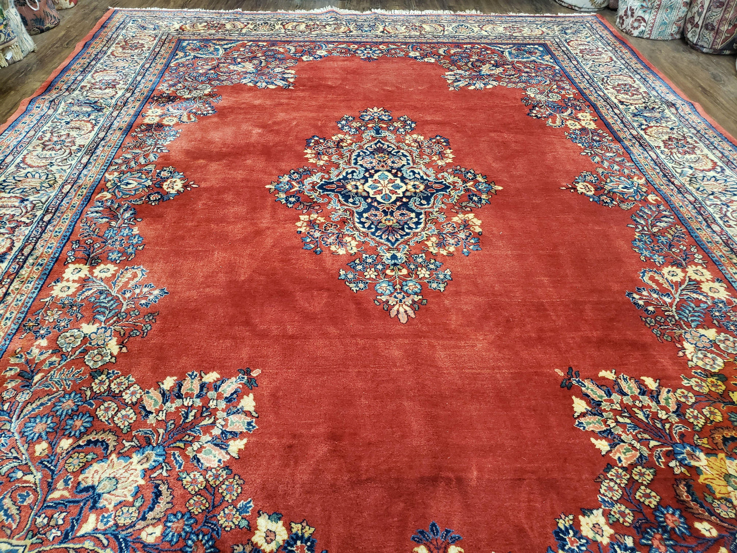 Semi Antique Persian Sarouk Rug 9x12, Semi Open Field with Central Medallion, Hand Knotted Wool, Tomato Red, 9 x 12 Authentic Oriental Carpet - Nuvé