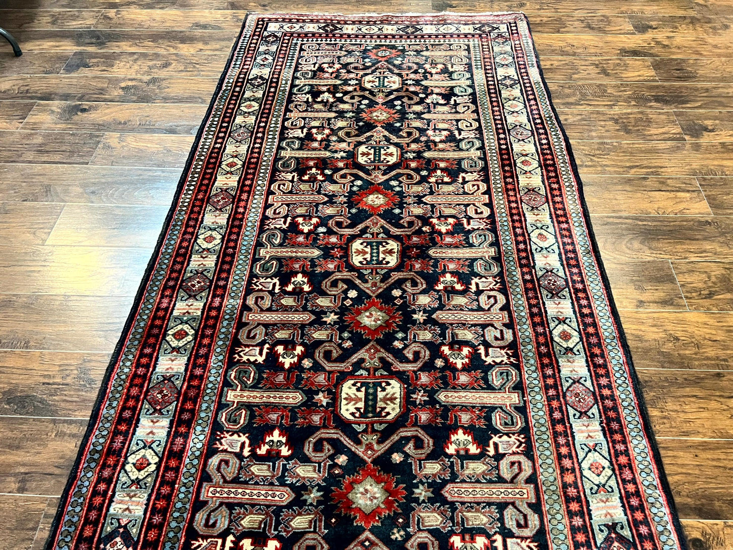 Persian Wide Runner Rug 4.8 x 10, Persian Kalegi Ardabil Rug, Perpedil Caucasian Rug, Antique Handmade Wool Carpet, Navy Blue Red, Tribal Rug - Nuvé