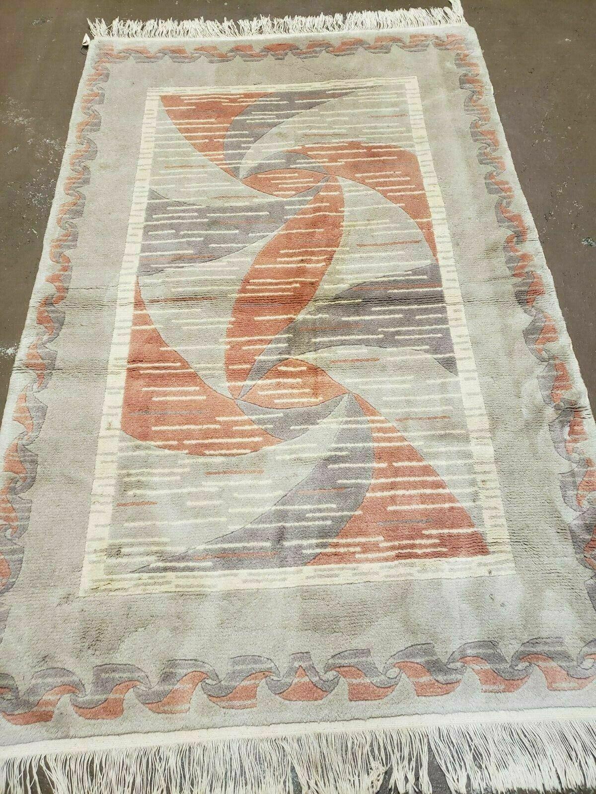 3' X 5' Handmade Modern Chinese Accent Rug - Silk on Cotton Carpet - Abstract Contemporary Design - Beige and Orange - Nuvé