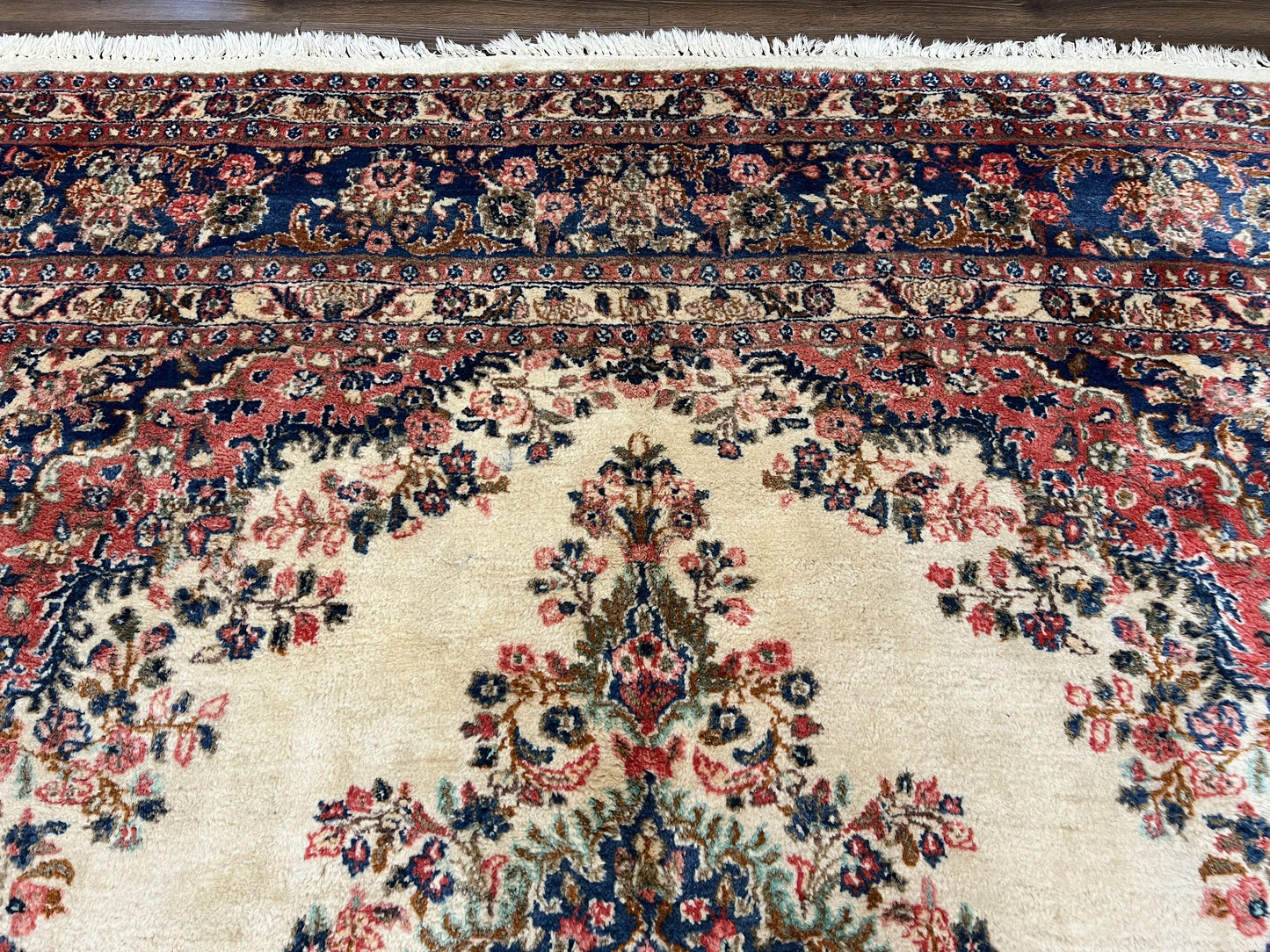 Persian Rug 9x10, Hamadan Rug, Antique Oriental Carpet, Wool Rug, Semi Open Field, Cream and Navy Blue, Kirman Design Hand Knotted Almost Square Rug - Nuvé