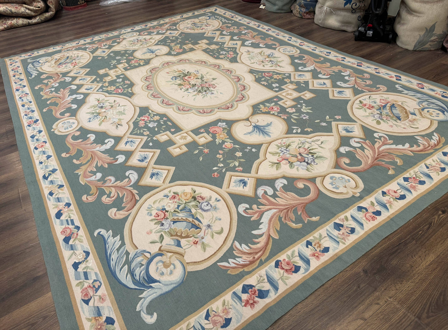 Aubusson Rug 9x12, Muted Sage Green and Cream, European Design - Nuvé