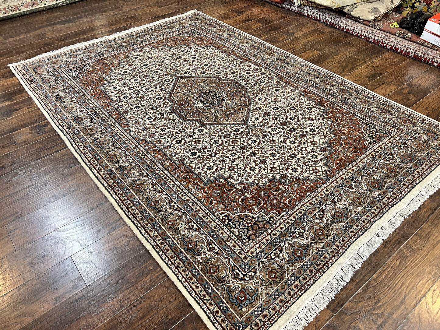Indo Persian Rug 7x10 ft, Hand Knotted Wool Vintage Oriental Carpet 7 x 10, Traditional Handmade Herati Bidjar Cream Rug, Medallion Rug - Nuvé