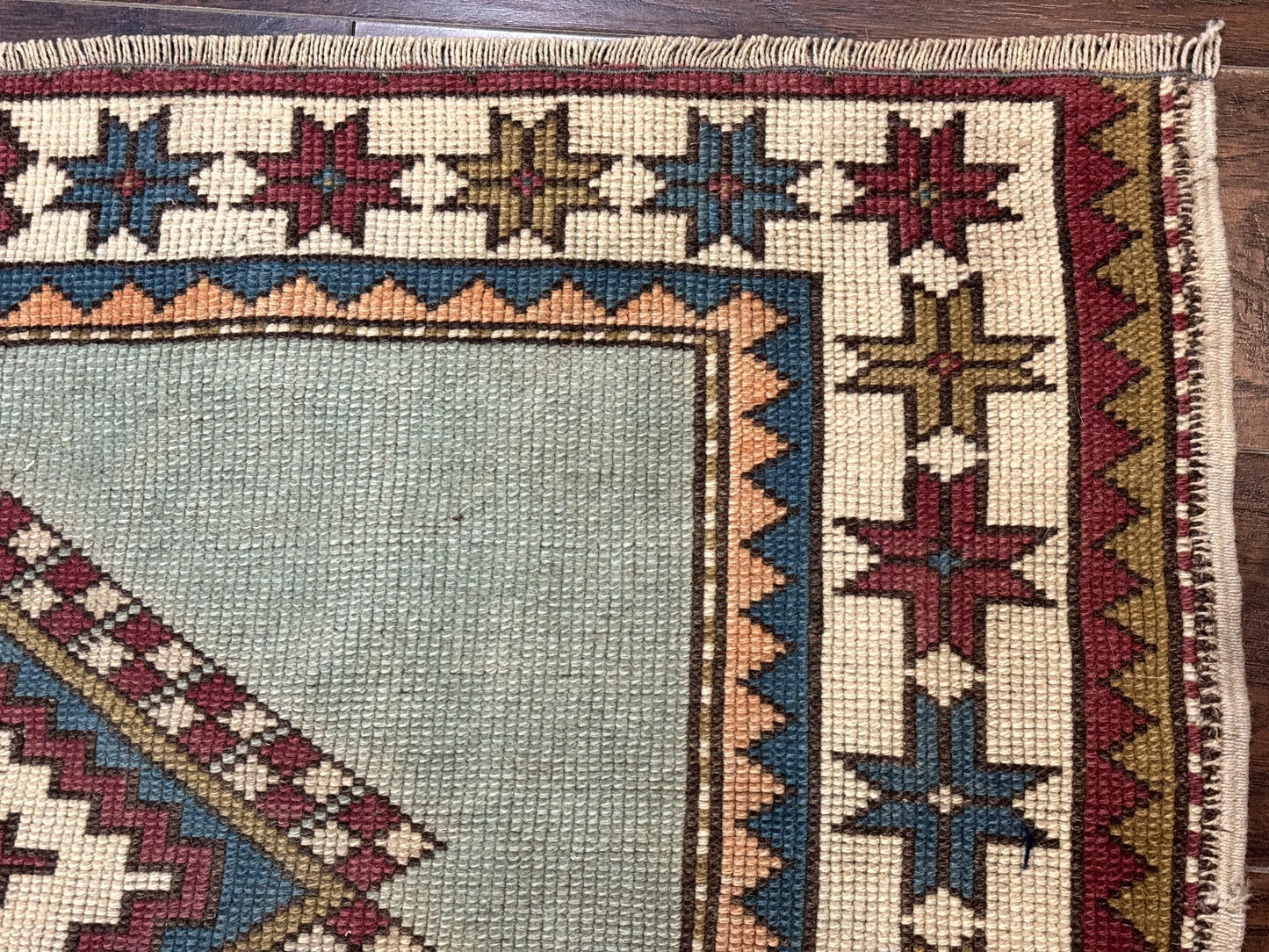 Turkish Kazak Rug 4x6, Geometric Medallion, Caucasian Design Rug, Semi Antique Vintage, Mint Green Maroon Ivory - Nuvé