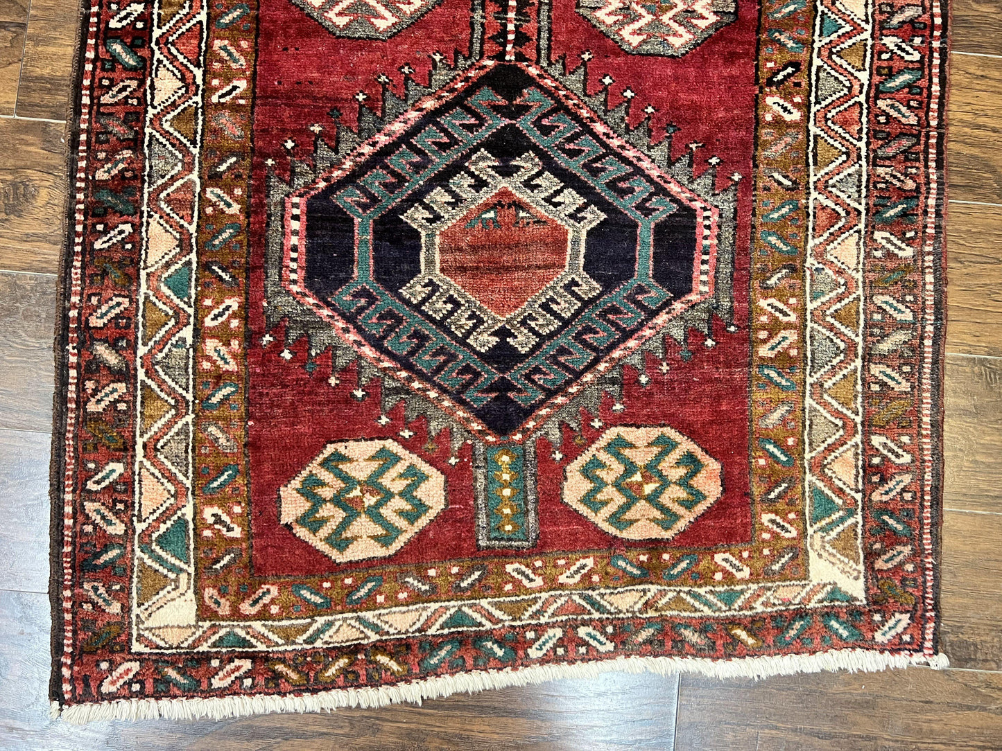 Persian Heriz Runner Rug 3.8 x 8.6, Geometric Design, Large Triple Medallions, Hand Knotted Handmade Vintage Wool Hallway Rug, Red - Nuvé