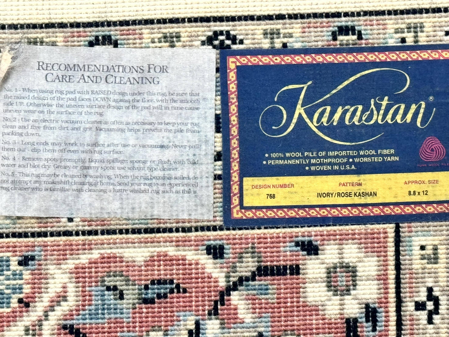 Karastan Rug 8.8 x 12, Ivory Rose Kashan #768, Wool Pile Karastan Carpet, Original 700 Series, Rare, Discontinued, Vintage - Nuvé