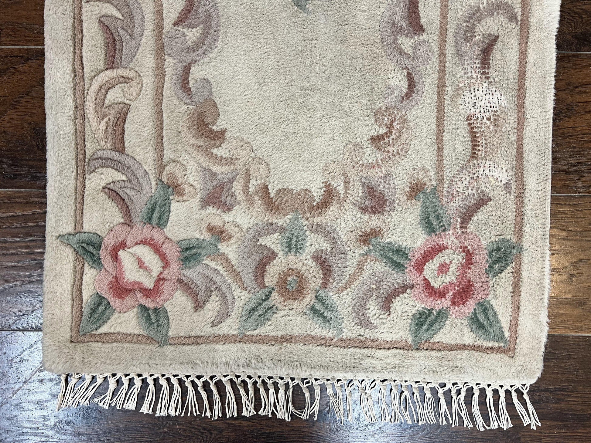 Chinese Aubusson Runner Rug 2.4 x 11, Hand Tufted Beige Floral European Design Hallway Rug, Elegant Rug, Vintage Wool Rug 11ft Long - Nuvé