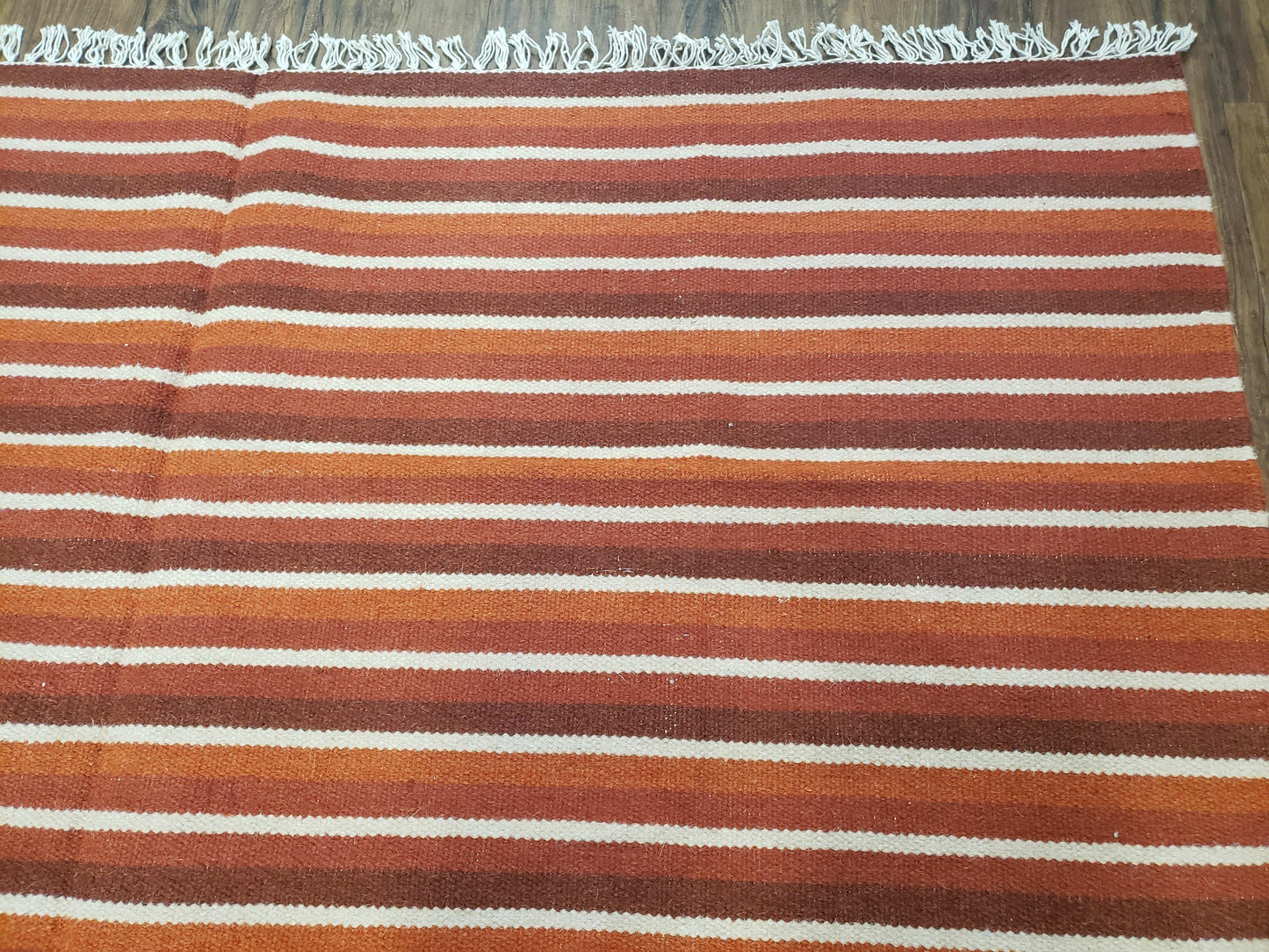 Large Striped Woolen Handmade Throw Blanket, Twin Size Bedding Hand-Woven, Indian Kilim Area Rug, 6x8 - 7x8, South American Style Textile - Nuvé